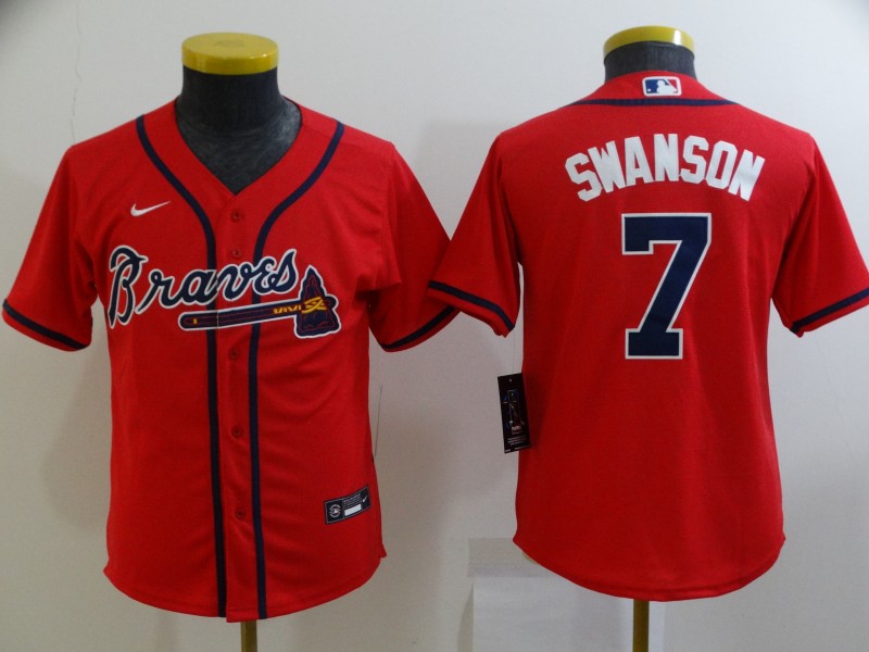 2021 Youth Atlanta Braves #7 Swanson Red Nike Game MLB Jerseys